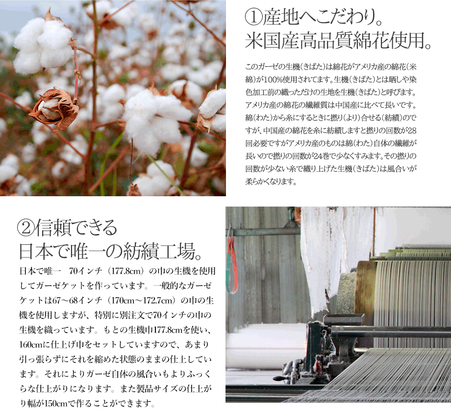 綿花は、米国の信頼のできる高品質綿花でオーガニックなものを使用しています。このガーゼケットの生機は綿花がアメリカ産の綿花が100%使用されています。生機は晒しや染色加工前の折っただけの生地のことを言います。アメリカ産の綿花の繊維質は中国産のものと比べて長いです。綿から糸にする際に、撚り合せる紡績ですが、中国産の糸を紡績しますと、撚りの回数が28回必要ですが、アメリカ産のものは撚りが24回ですみます。このように、撚りの回数が少ないもののほうが風合いが良く肌触りが良くなります。そして、技術が高い信頼のできる日本で唯一の紡績工場で織っています。